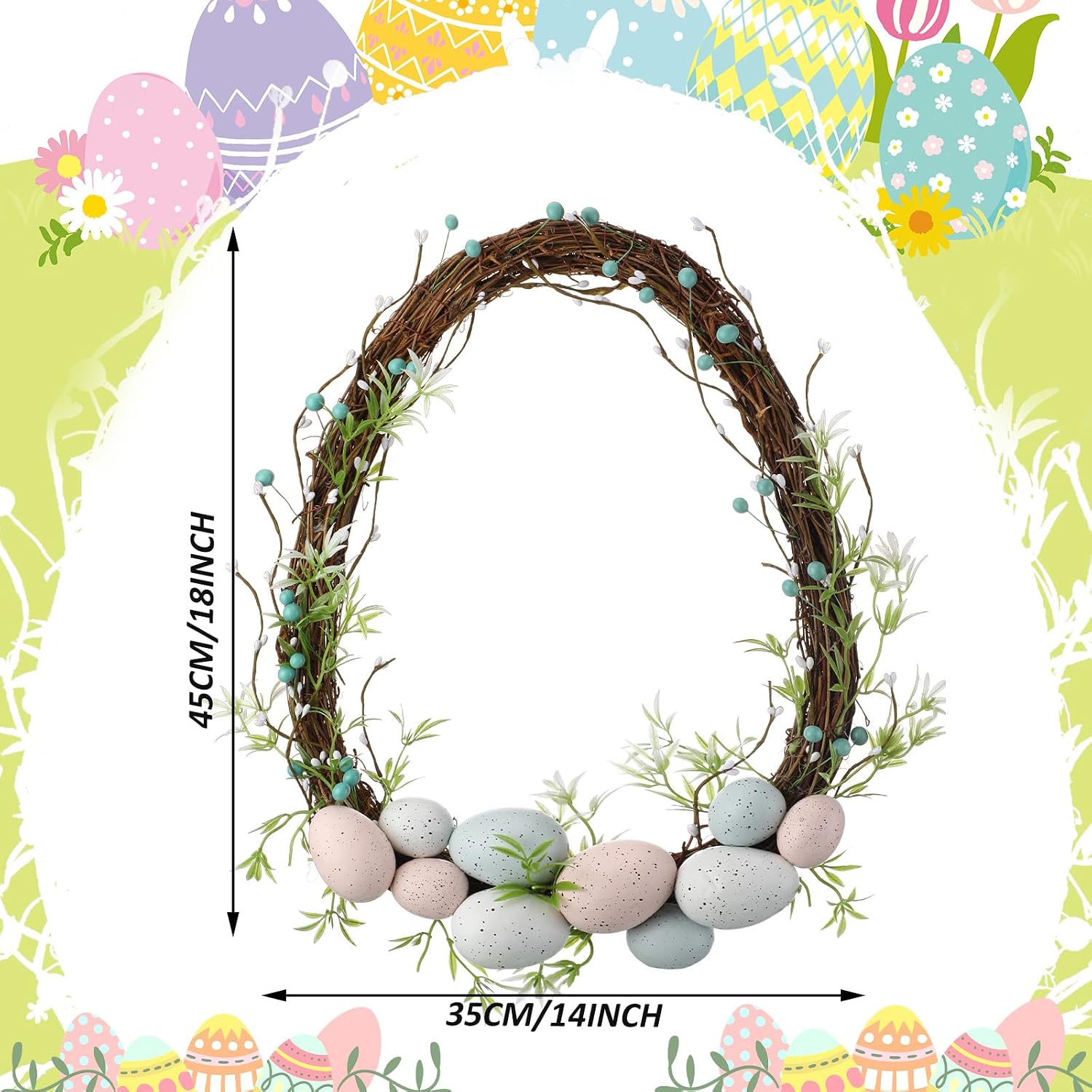 Lyrow Easter Wreaths for Front Door 18 Inch Boho Neutral Artificial Grapevine Pastel Spring Wreaths with Easter Eggs Twig Berry for Entryway Mantel Window Indoor Outdoor Farmhouse Decorations