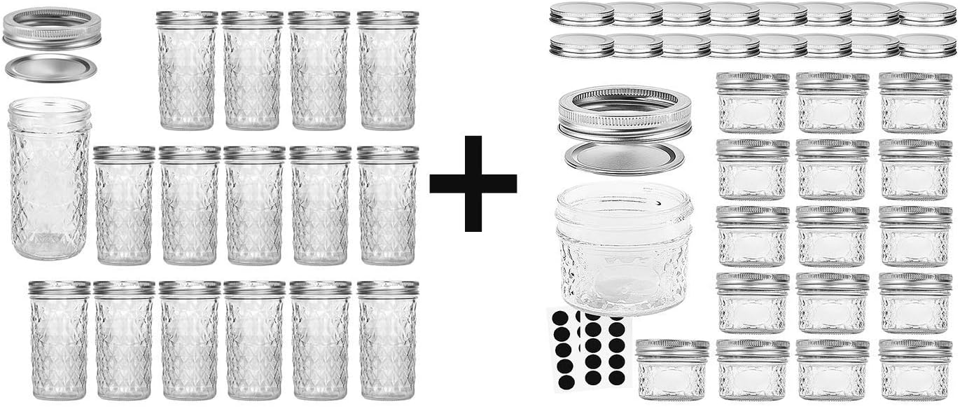 VERONES 15 PACK 12 OZ Mason Jars & 16 PACK 4 OZ Mason Jars Jelly Jars With extra 16 Regular Lids, Ideal for Jam, Honey, Wedding Favors, Shower Favors, Baby Foods