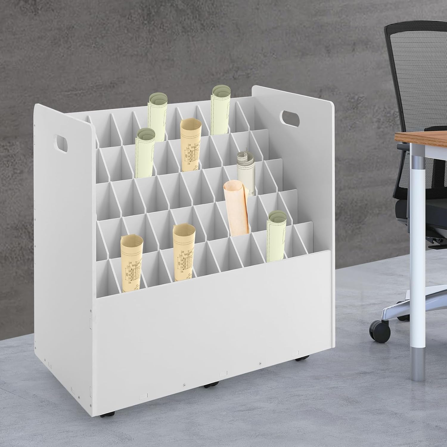 Organizzatore a rulli con ruote per progetti, planimetrie e documenti. Scaffale portaoggetti a 2050 scomparti con ruote per disegni, poster, mappe, opere darte e archiviazione per ufficio. (50-Slots)