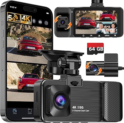 WECOOL 4K UHD 3 Channel Dash Cam Front and Rear Inside, Free 64GB Card Included, 360° Wide-Angle Full-View Dash Camera for Cars with Night Vision, 24H Parking Mode, G-Sensor, Loop Recording, 5GHz WiFi