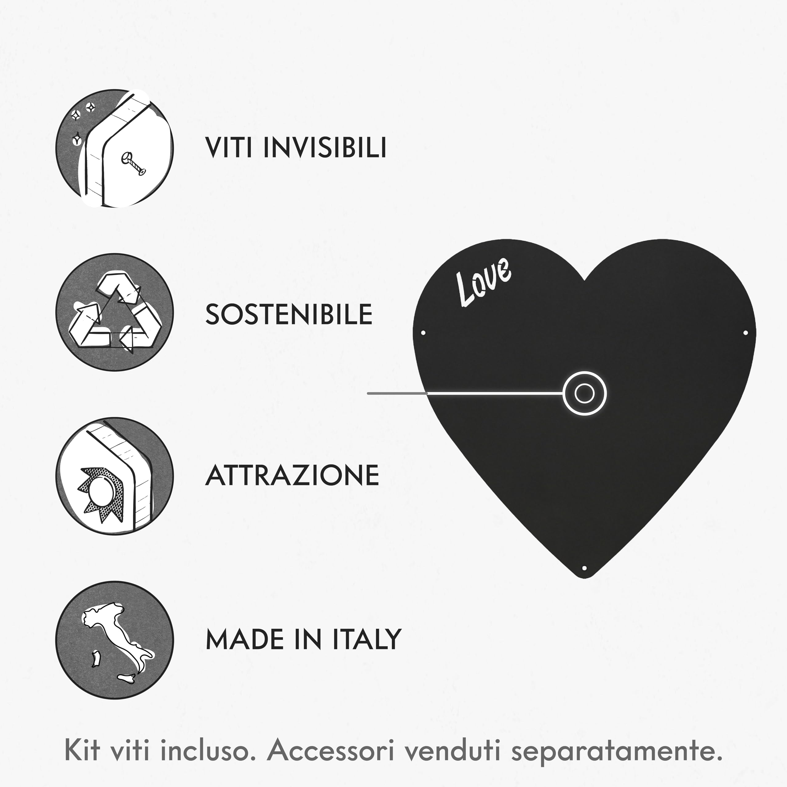 KalaMitica - Lavagna Magnetica da Parete - Scrivibile con Gessetti e Cancellabile - Cuore - Nero Antracite - 33x33 cm