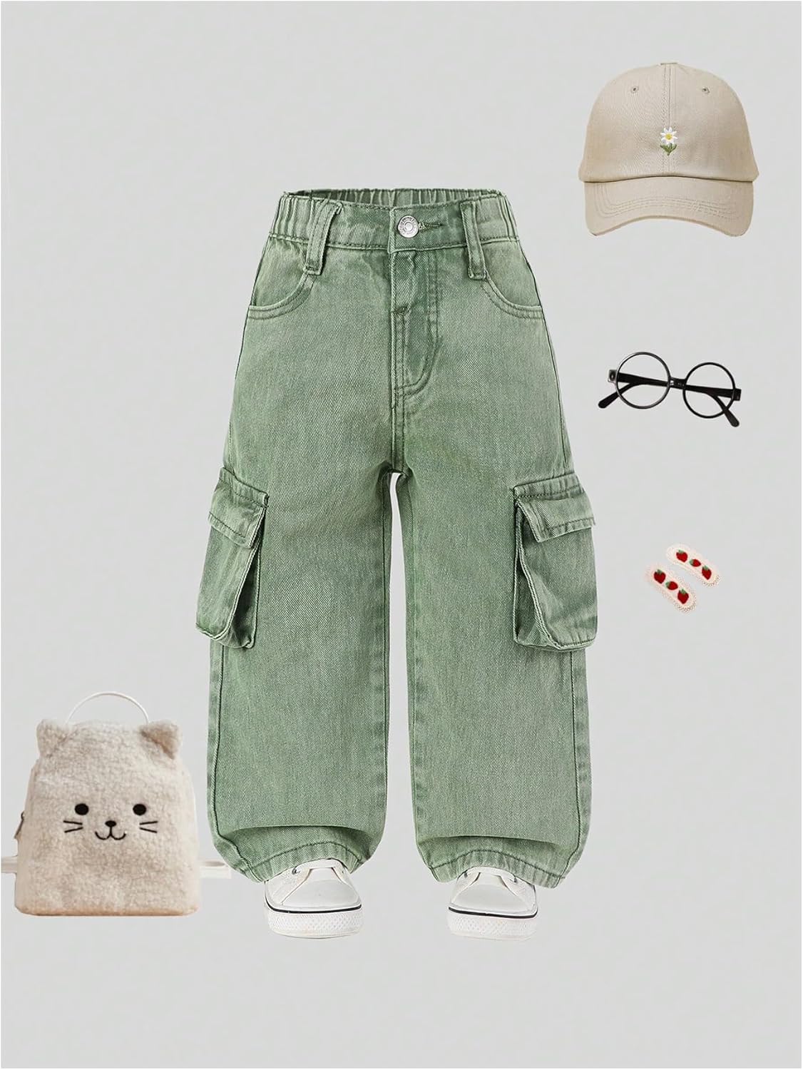 WDIRARA Toddler Girl's Baggy Cargo Jeans Elastic Waist Straight Leg Denim Pants with Flap Pockets - Image 6