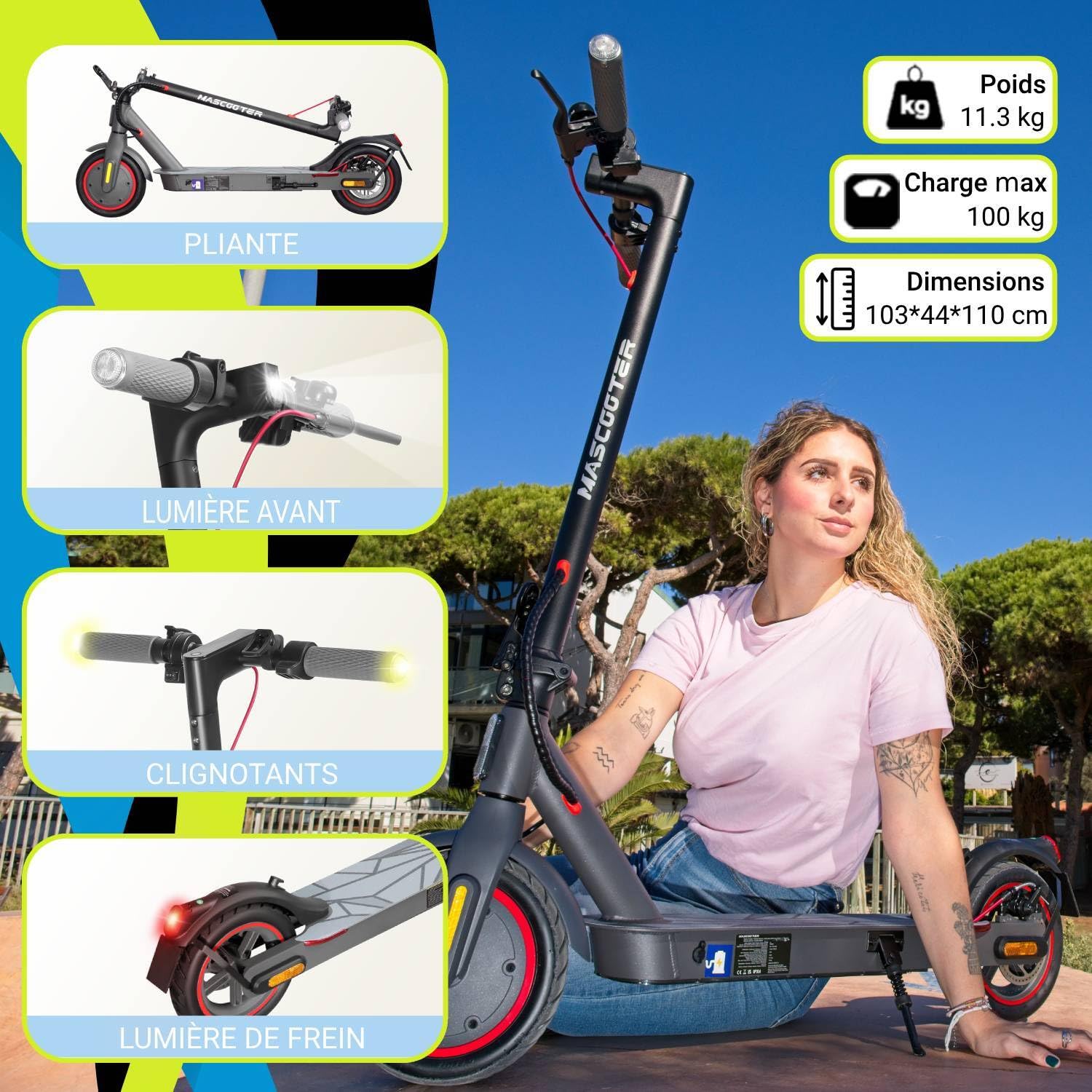 MASCOOTER Trottinette Èlectrique Adulte - 300W-600W Max, Autonomie 20km - Clignotants et Régénération de Batterie au Freinage – Roues 8.5", Double Freins Électriques et à Disque - App Mobile