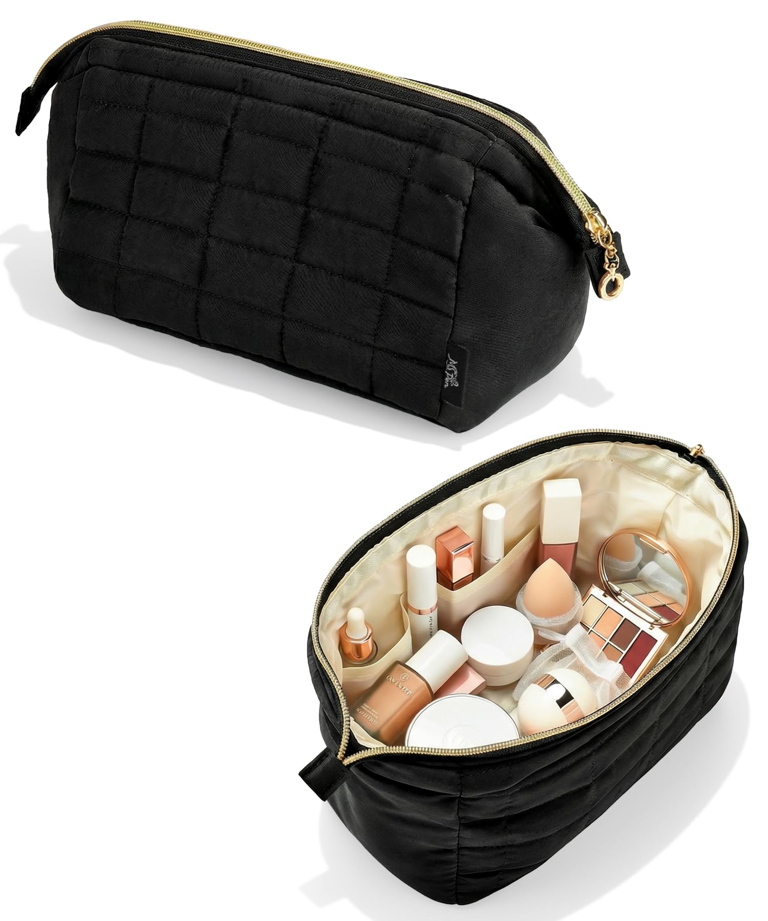 Ms. Pen- Aesthetic Quilted Makeup Bag for Women, Black, Puffy Padded Cute Makeup Bag Cute, Cosmetic Pouch, Quilted Pouch