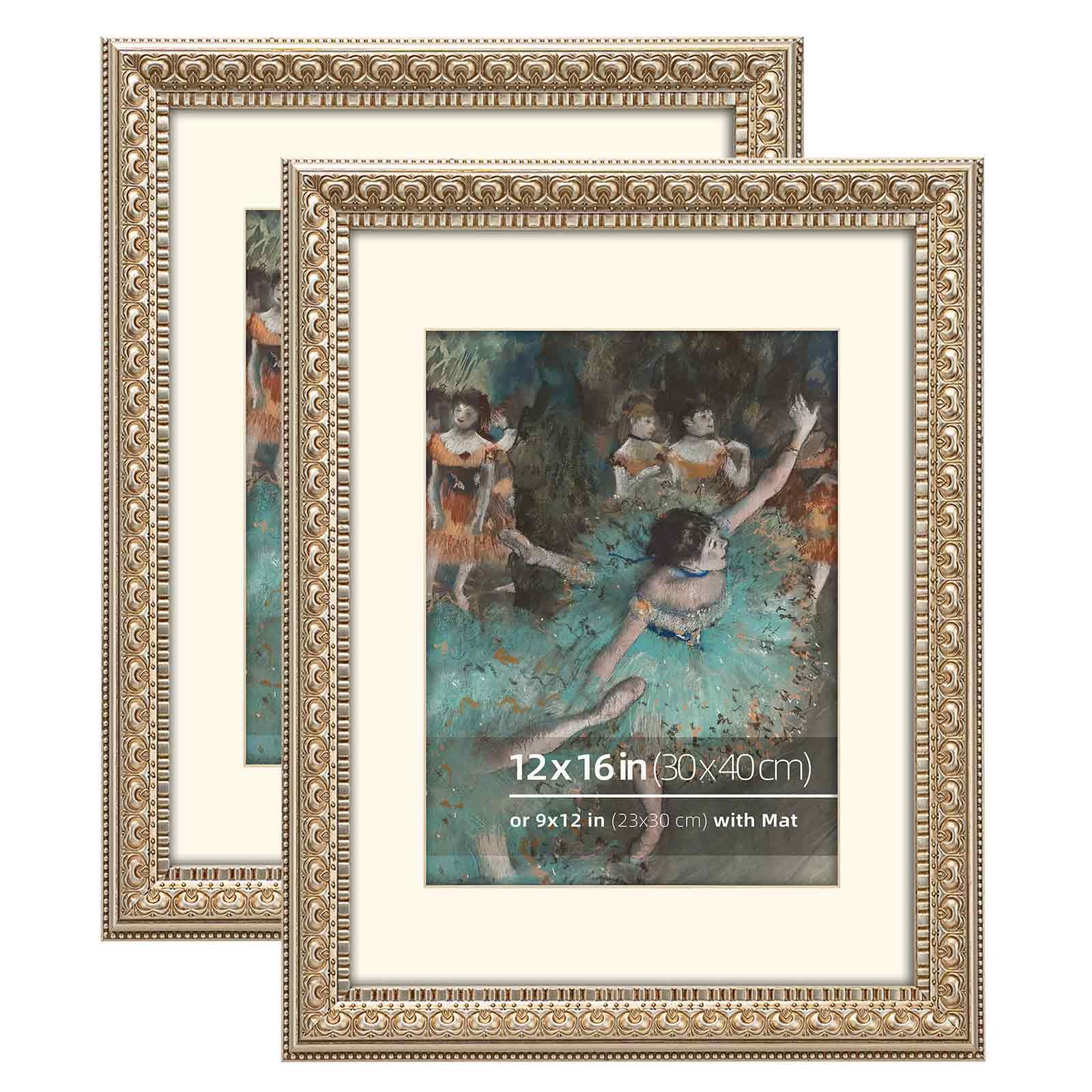 Eitida Antique Silver 12X16 Inch Vintge Silver Wooden Ornate Picture Poster Frame, With Mat For 9X12 Inches Photos Vertical Or Horizontal Display With Plexi Glass Cover, 2 Pack