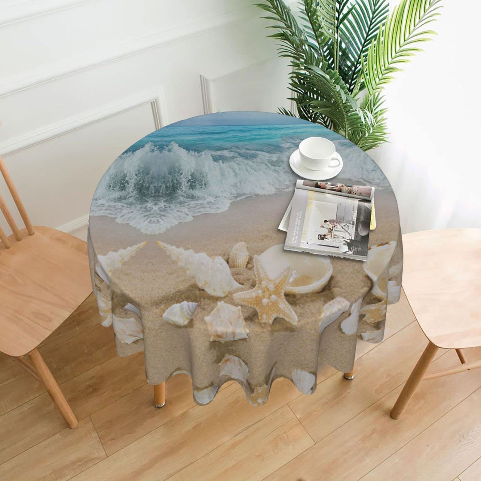 Lawenp Beach Seashell Starfish Decorative Round Table Cloths - 60 Inches in Diameter for Buffet Tables, Parties, Holiday Dinners.