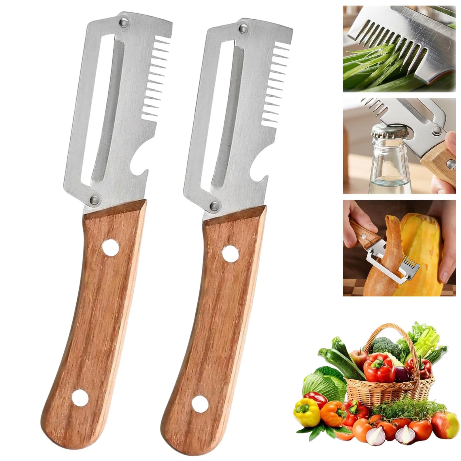 Photo 1 of 2 PCS Multi-Functional Kitchen Peeler, Professional Kitchen Tool for Chefs Fruit, 3 in 1 Multi Functional Wooden Handle Peeler and Bottle Opener, Kitchen Gadgets for Potato, Carrot, Pumpkin, Apple