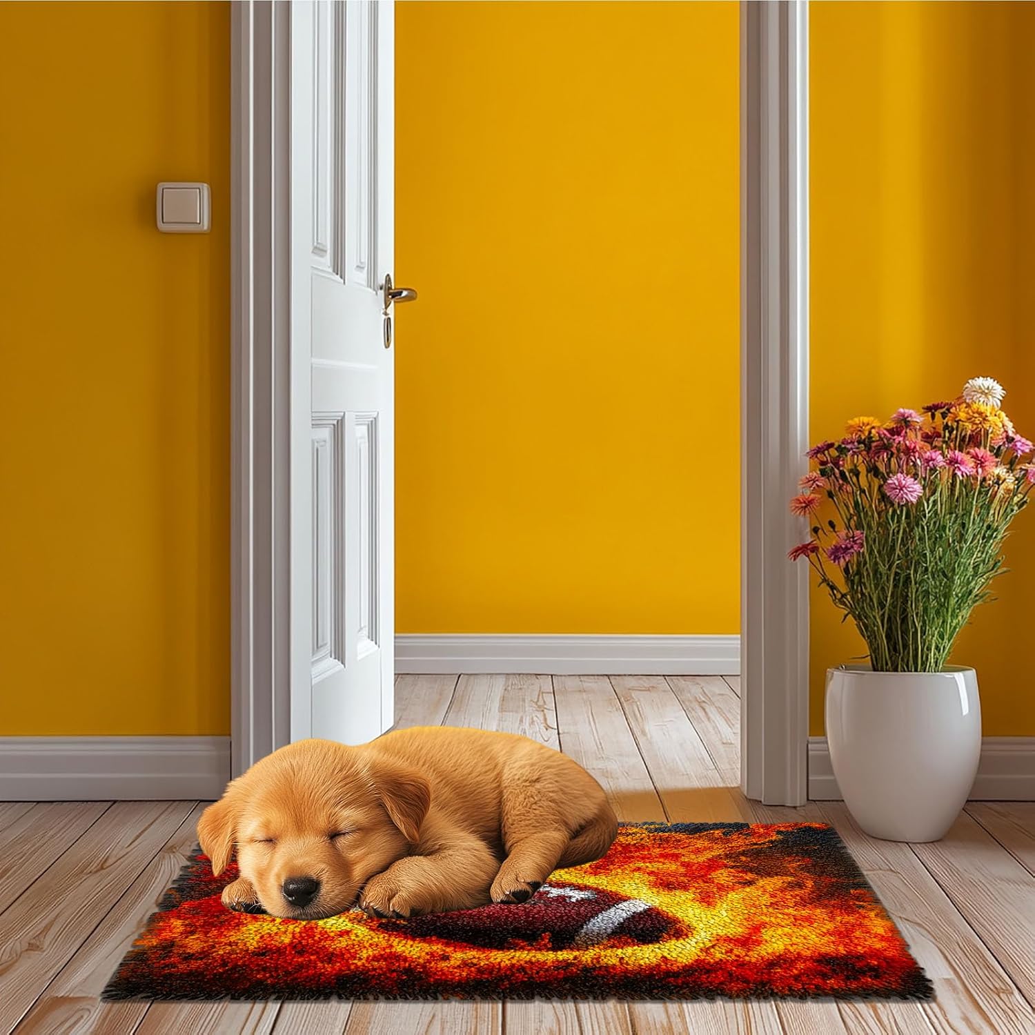 Latch Hook Rug Kit Fire Rugby American Football Pre-Printed Handmade Carpet Crochet Yarn Craft DIY Hook and Latch Door Mat Tapestry for Home Floor Decoration 60x40cm-2