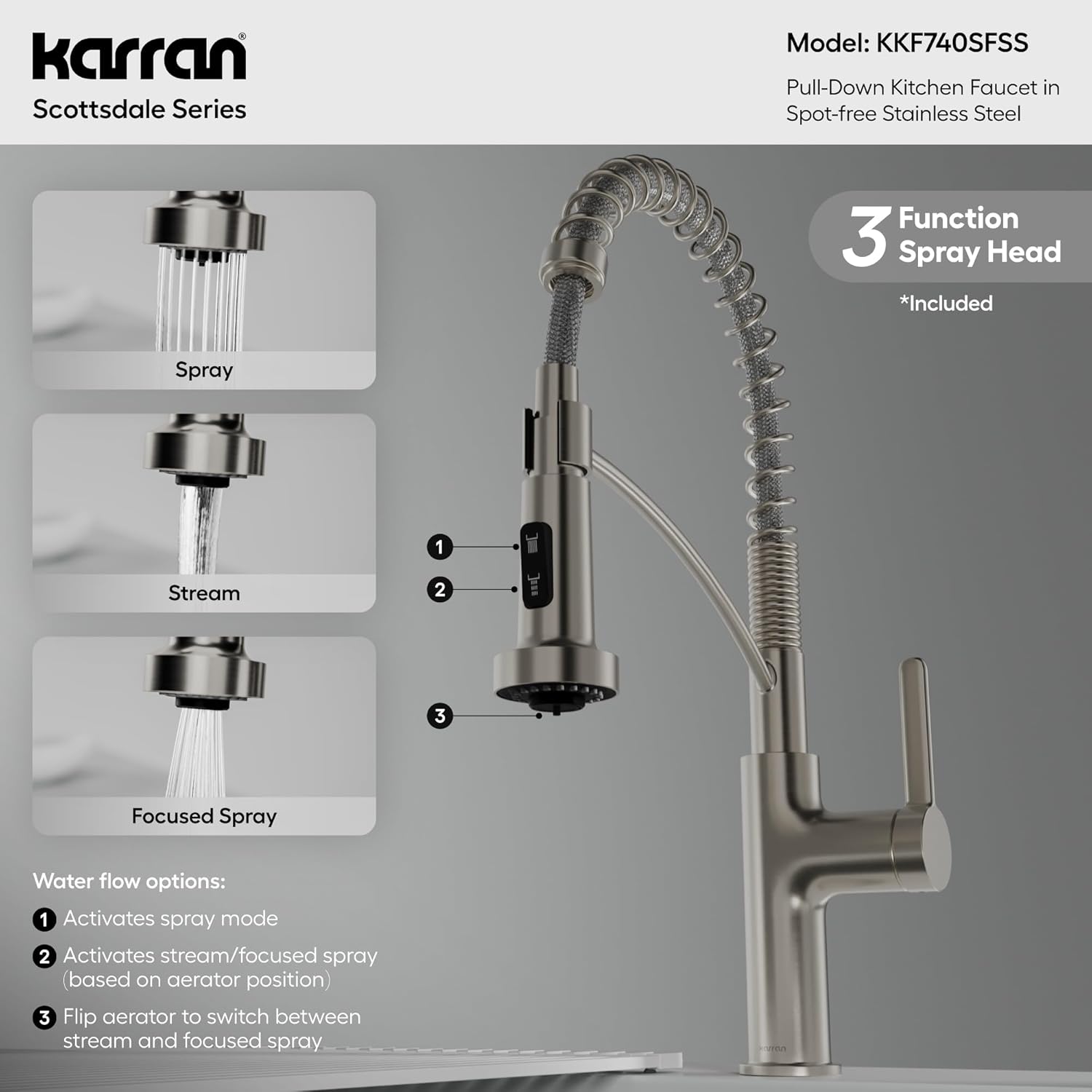 Karran Scottsdale Commercial-Style Pull-Down Kitchen Faucet, Single Handle High-Arc Design, Dual Interchangeable Spray Heads with 5-Function and 3-Function Options (Spot Free Stainless Steel)