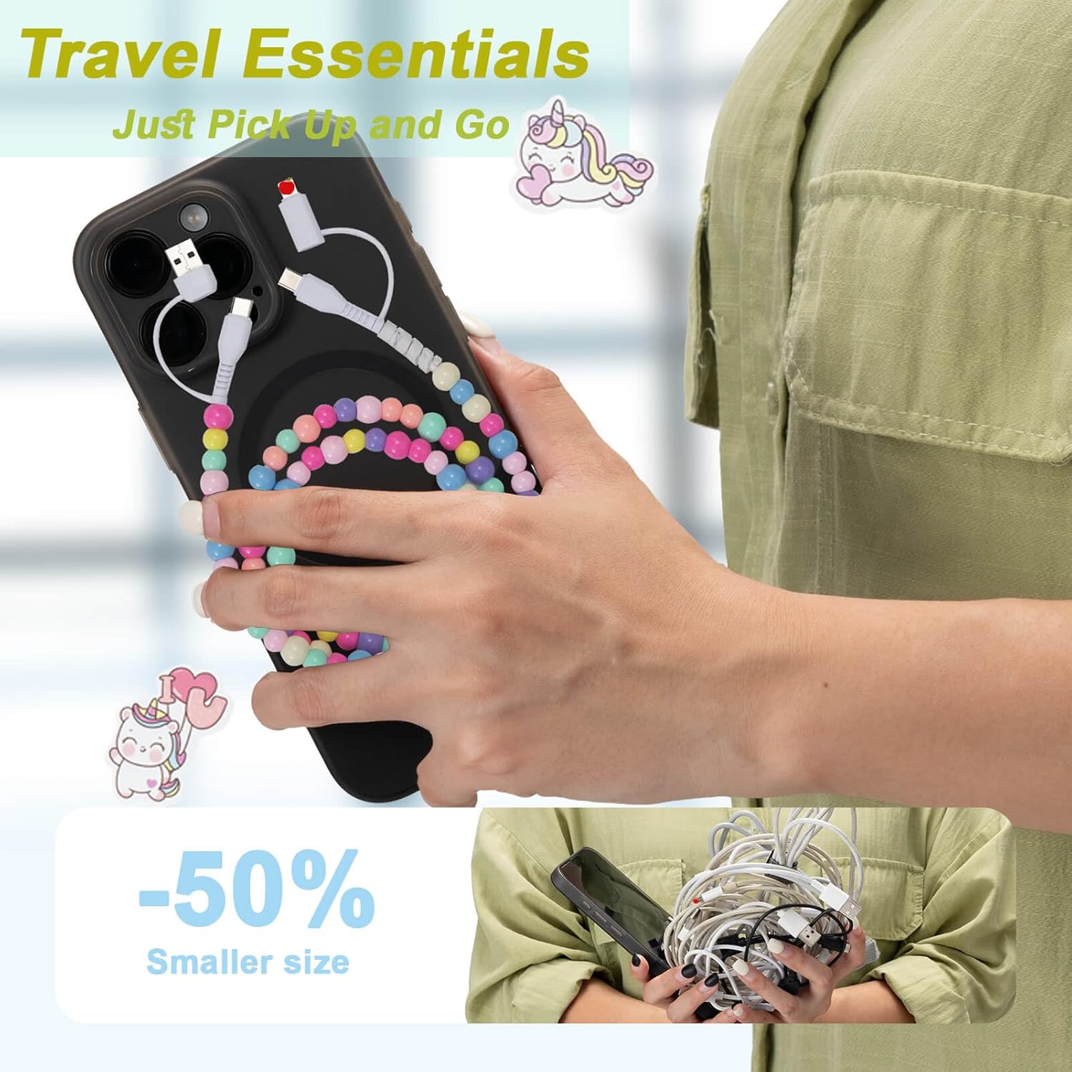 4 in 1 Multi Charging Cable Fast Charging 66W Colorful Beaded USB C Cable with 50Pcs Sticker, Multiple Charger Cord Girl Women for iPhone 17 16 15 14 Pro Max/for Galaxy S25 S24 Ultra/iPad (3.3FT) - Image 5