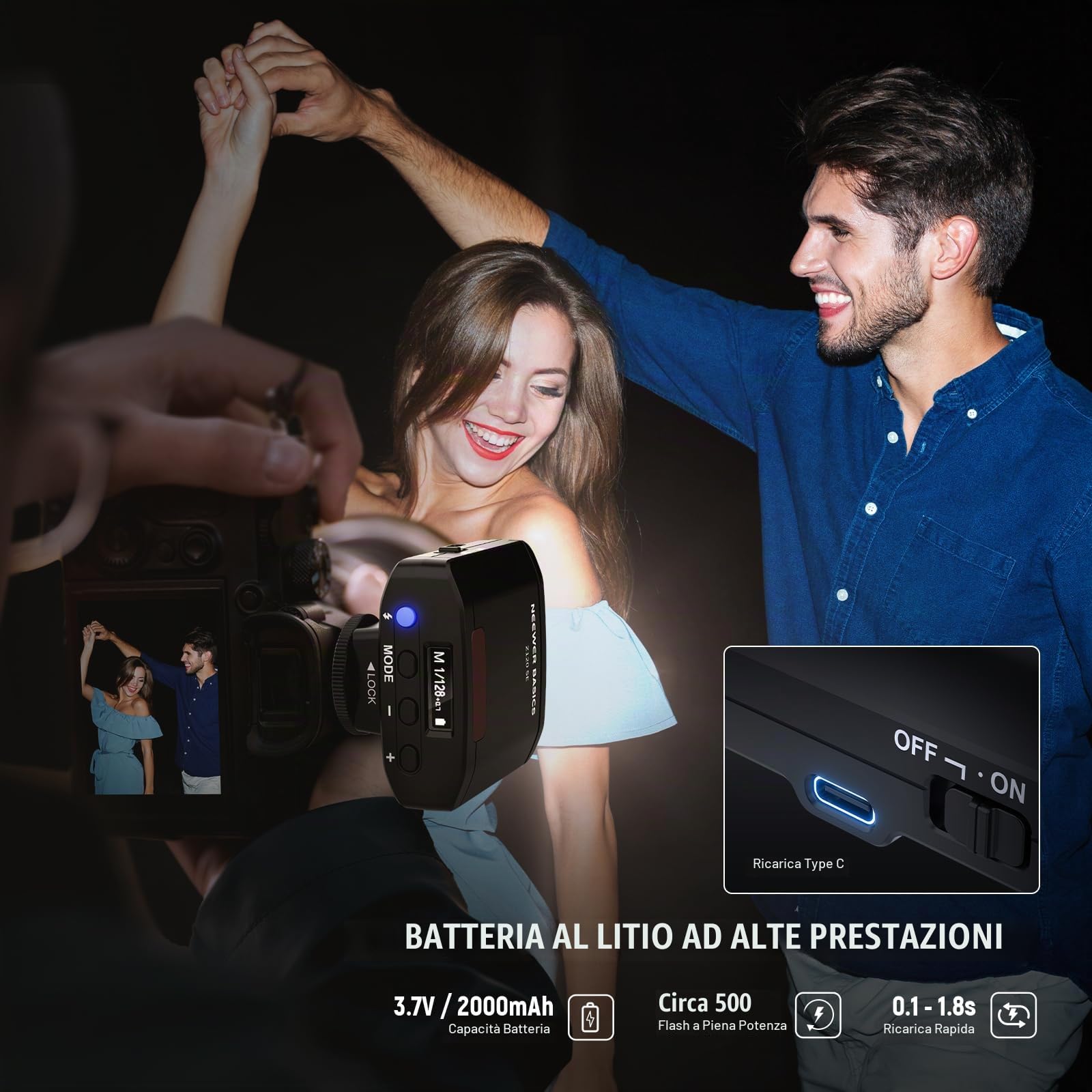 NEEWER BASICS Z120 SE Mini Flash Speedlite per Fotocamera 5600K GN12, Batteria 2000mAh / 500 Flash/Ricarica 0,1-1,8s, Compatibile con Canon, Nikon, Sony, Fuji, Olympus, Senza TTL