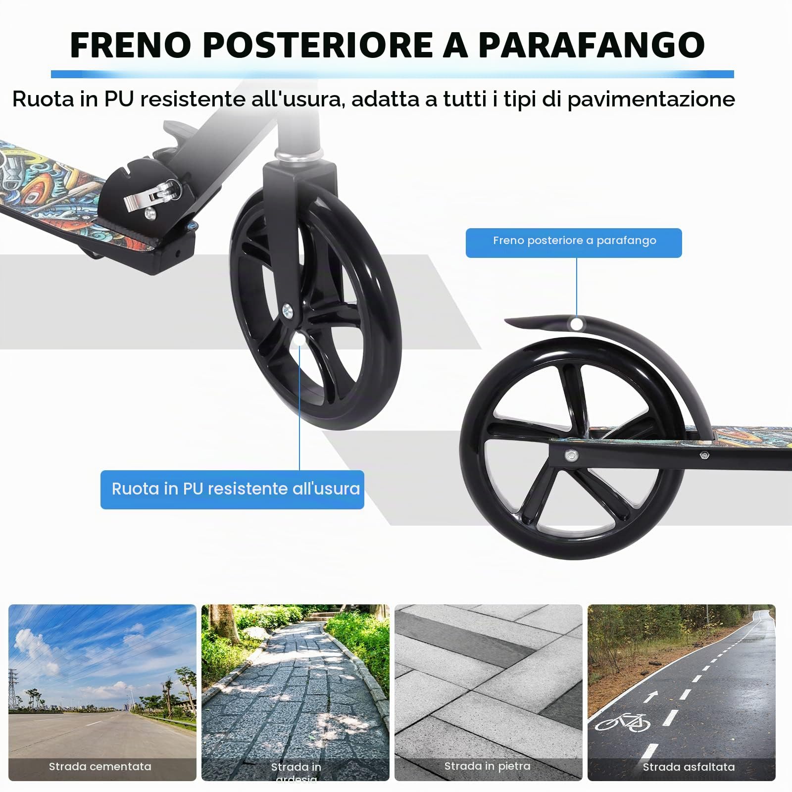 Monopattino Bambino, Elevata Capacità di Carico, Pieghevole, Altezza Regolabile, Ruote in PU, Costruzione Robusta in Alluminio, Piattaforma Antiscivolo, Freno Posteriore, Modello a Cartoni Animati