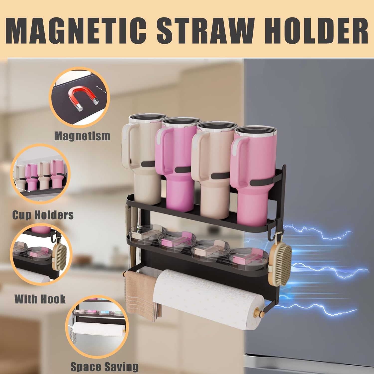 Magnetic Stanley Cup Holder for Fridge, Triple Folding 4 Cup Stanley Cup Holder Magnetic, Magnetic Water Bottle Holder with 2 Strong Double Sided Tape, Magnetic Cup Holder with Hook Fits 40 oz Mugs