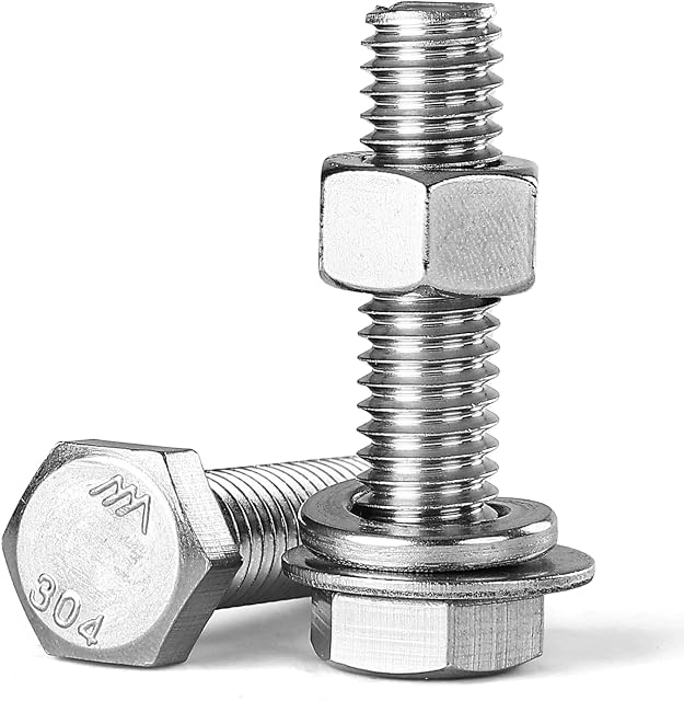 3/8-16 x 1-1/4" Hex Head Bolts Screws, Nuts, Flat and Lock Washers Assortment Kit, 304 Stainless Steel(18-8), Machine Fully Thread, Bright Finish 8Sets