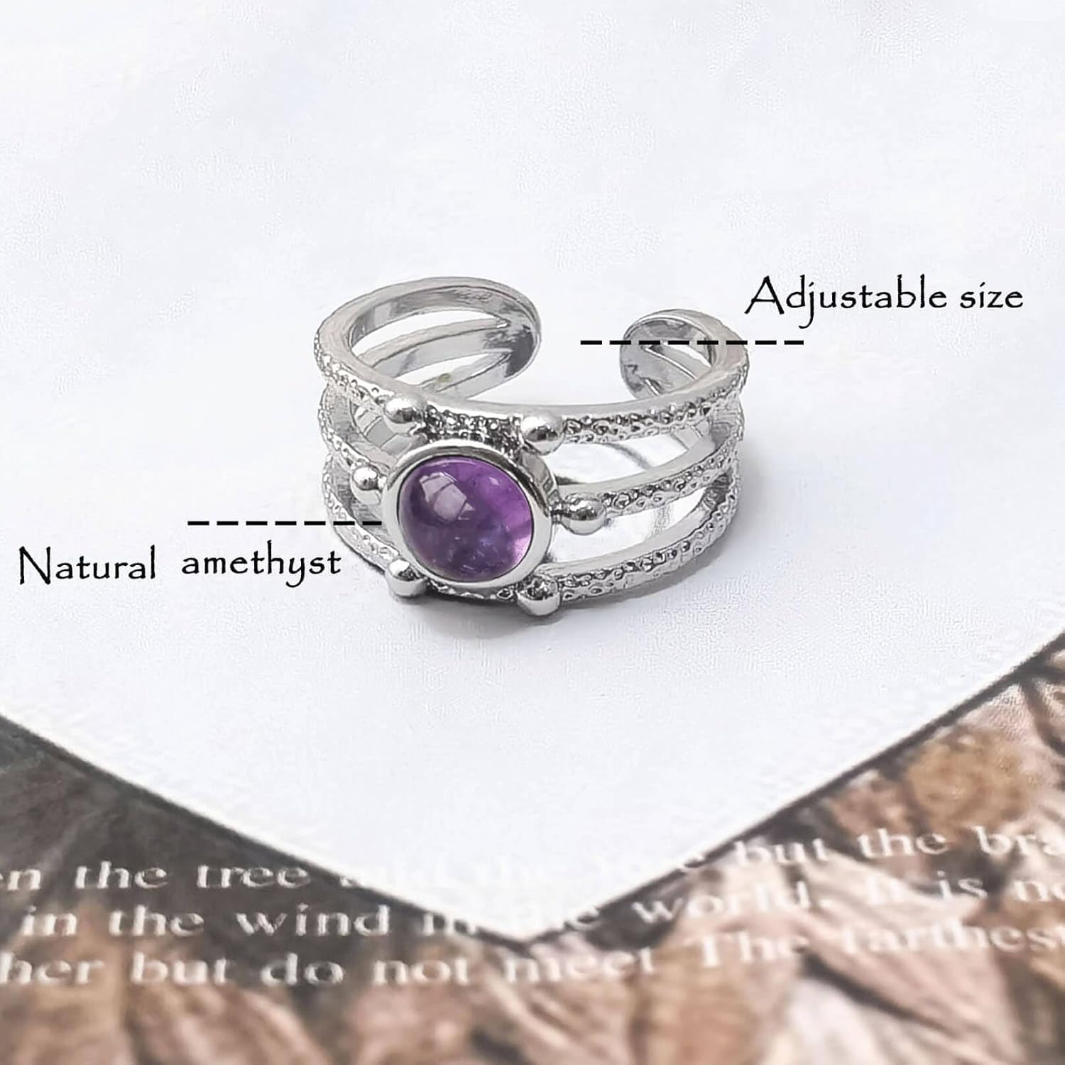 Vintage Silver Tone Adjustable Ring with Natural Gemstones - Labradorite, Amethyst, Kyanite, Obsidian, Tiger Eye, Malachite, Red Agate - Boho Statement Jewelry for Women & Men - Image 7