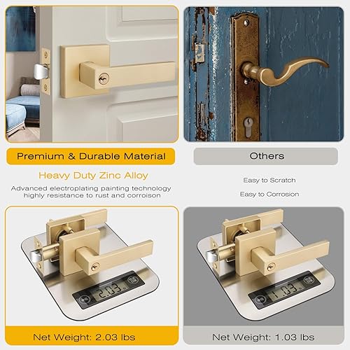 Miniatura 9 de EHOMEWARE Paquete de 10 manijas de puerta doradas, palancas de puerta de entrada con llaves, sin llave igual, manija de puerta interior con diseño