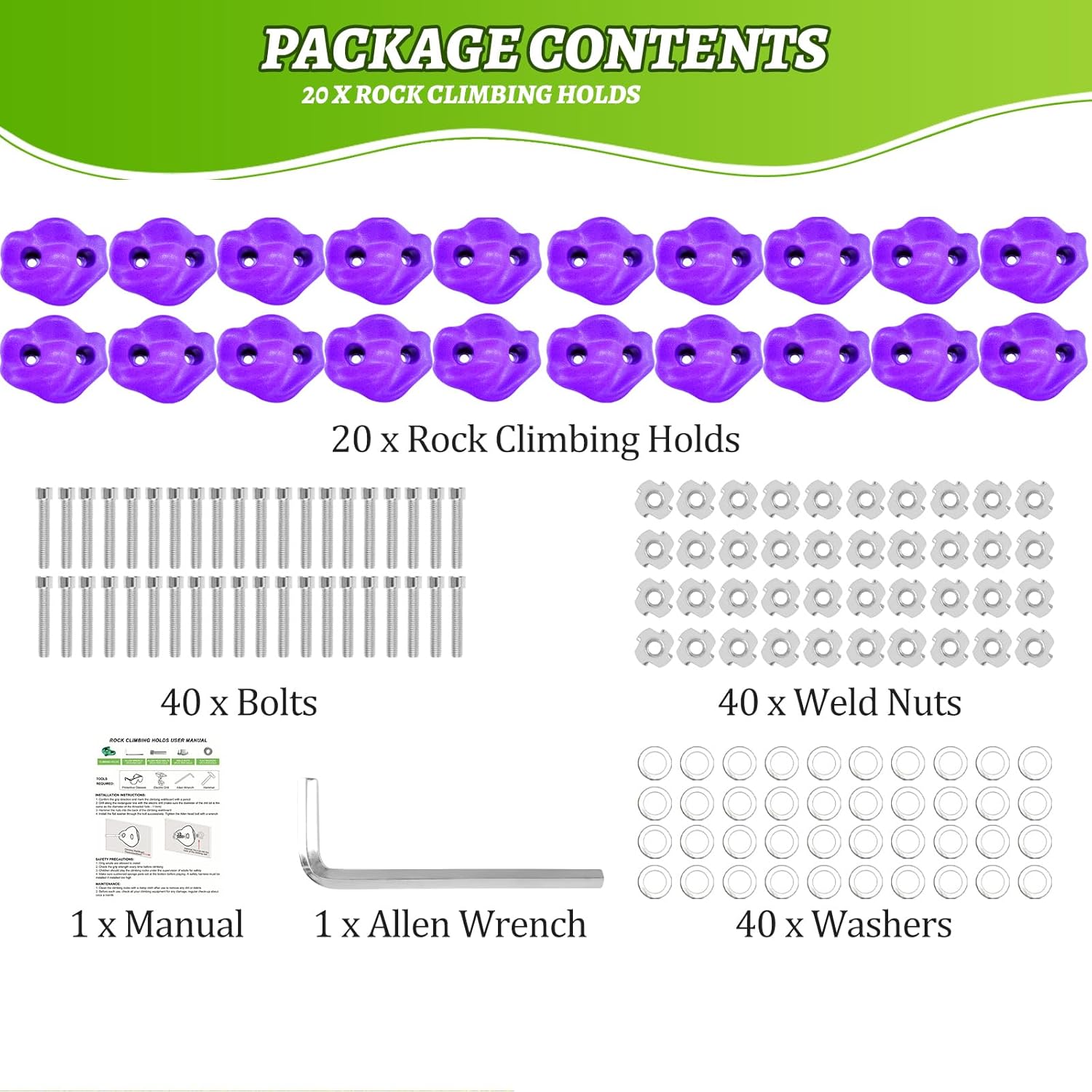 20 Rock Wall Climbing Holds Extra Large for Kids or Adult,DIY Rock Climbing Grips with Mini Wrench for Indoor Outdoor Playground Play Set(Dark Purple)