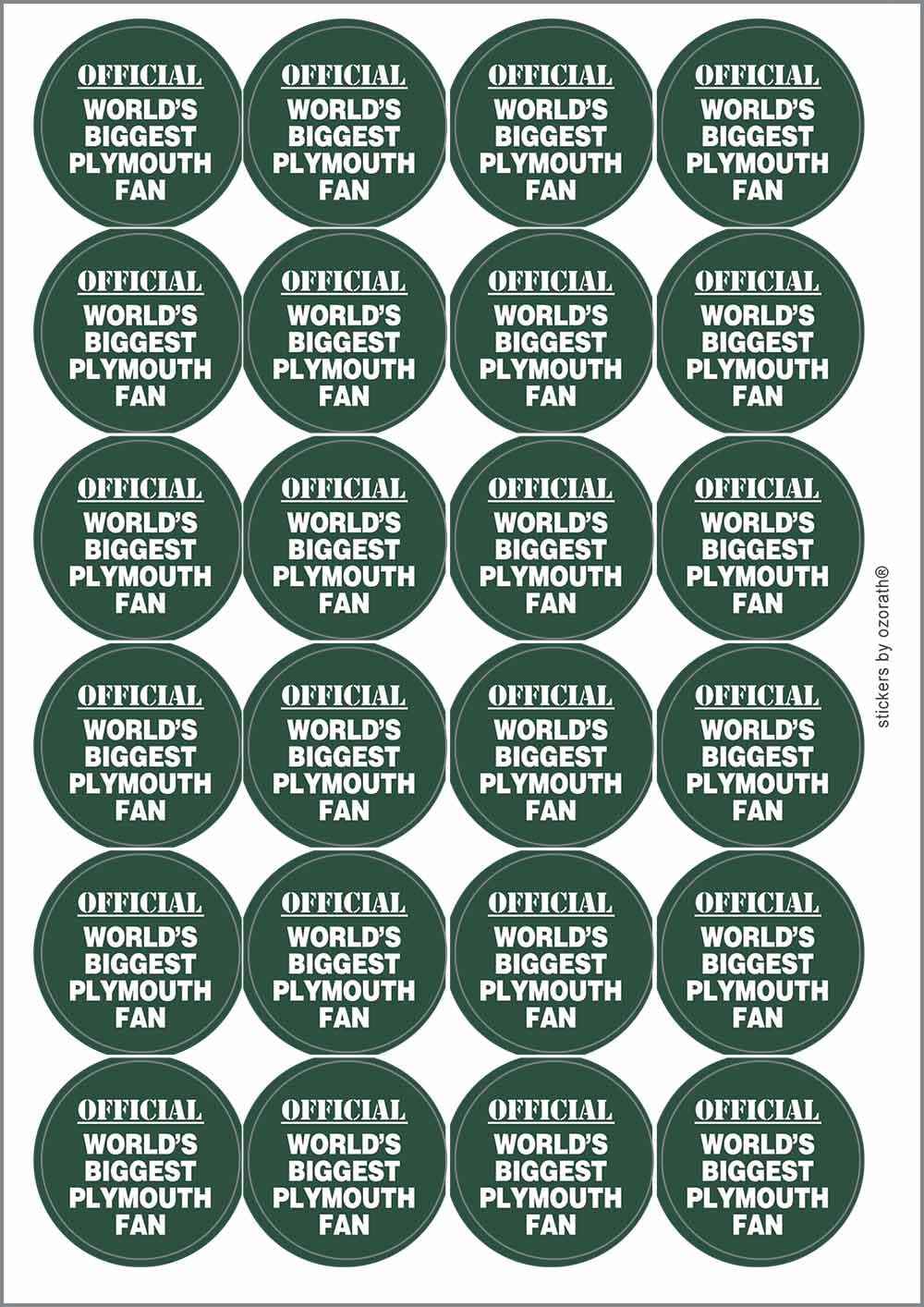 World's Biggest Plymouth Fan Circular Matt Paper Stickers A4 Sheet of 24 (Each Sticker is 45mm Diameter)