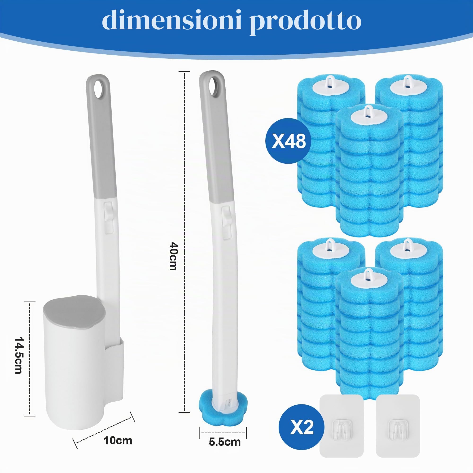 Scopino per WC usa e getta, set da 2 con manico allungato e supporto, scopini per WC, scopino per WC usa e getta con 48 ricariche detergenti per lavandino, vasca da bagno, lavandino.