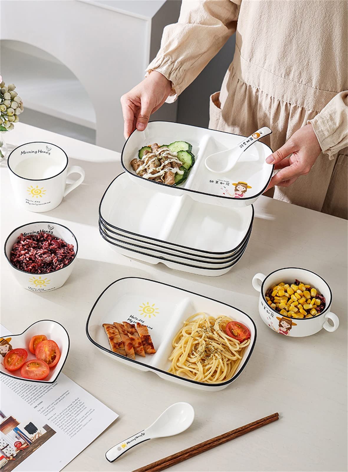 Assiette plate divisée, assiette de contrôle des portions à 2 compartiments 211 Vaisselle spéciale for les repas diététiques de remise en forme Passe au micro-ondes et au lave-vaisselle ( Color : A ,
