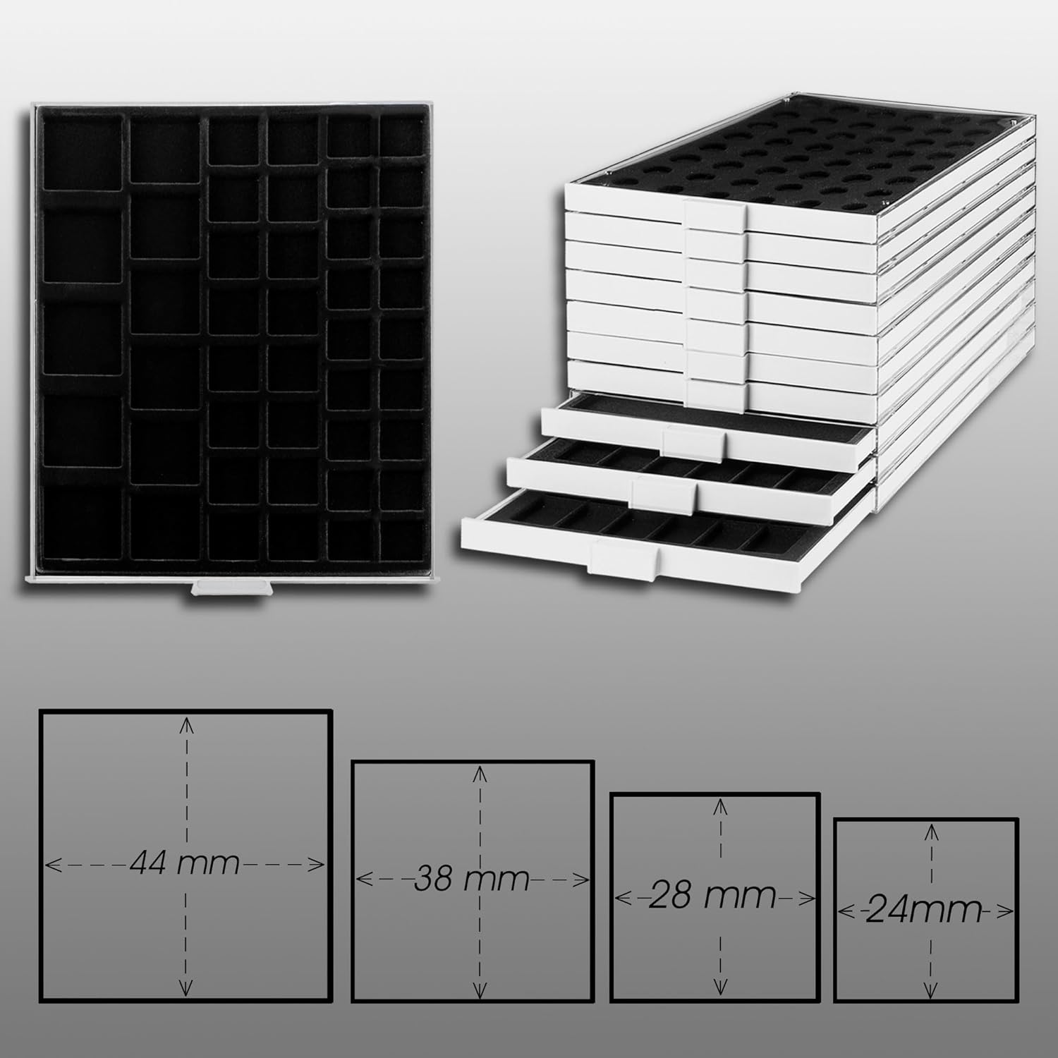 Prophila Coin Box Gray 45 Angular compartments in 4 Different Sizes, Black Insert