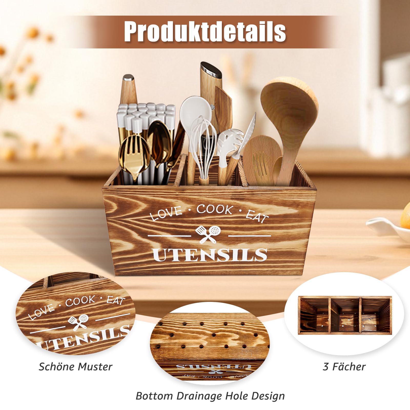 Cable Leader Küchen Utensilien Holder, Küchenutensilien Aufbewahrung Holz, Küchenutensilien Aufbewahrung, Holz Küchenutensilienhalter Naturbraun, Utensilien Halter Mit Luftlöchern(30*12.5*17.5 cm)