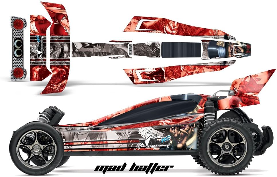 AMR Racing RC Graphics kit Sticker Decal Compatible with Traxxas Bandit VXL 1/10 #2407L - Mad Hatter - Silver/Red