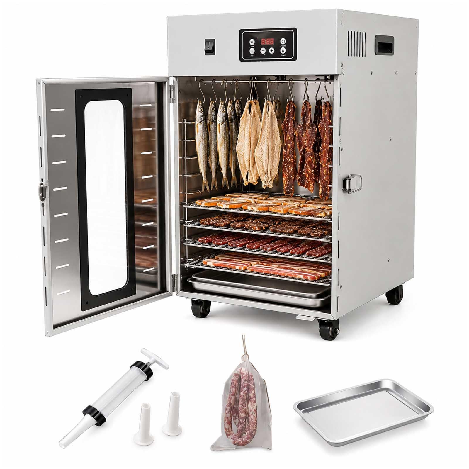 Dry Ager Reifeschrank Für Fleisch Und Wurst, Edelstahl Trockenschrank Für Fleisch Mit Led-Steuerung, 14/30 Haken, 30-90°C, 24h Timer, Biltong Box Für Wurst, Speck, Fisch Und Rindfleisch 15KG