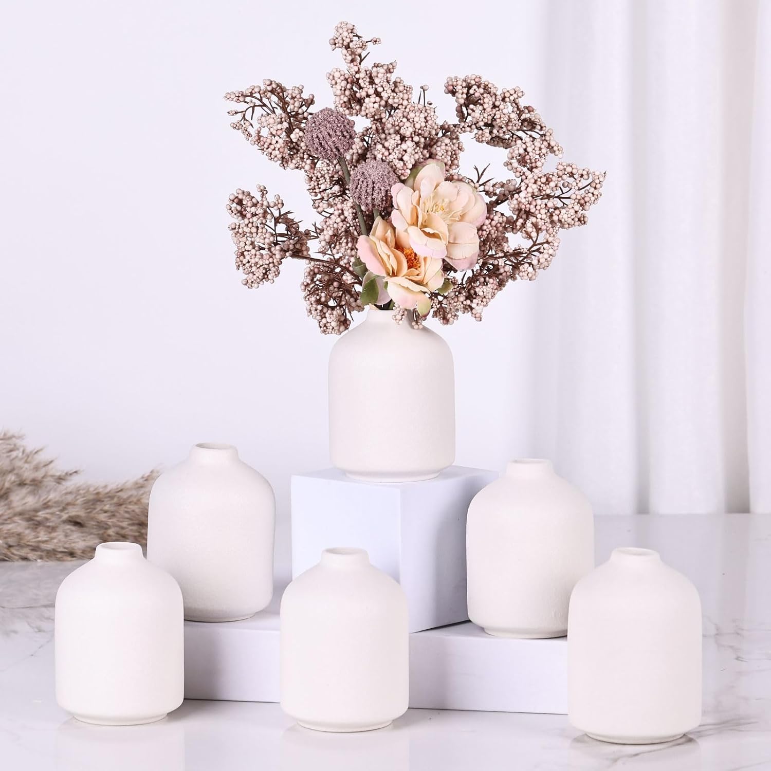 6 Pack Boho Vases, Modern Black Ceramic Bud Vases for Home Decor, Dry Flowers Centerpieces in Bulk, Mini Flower Vases for Wedding Decor