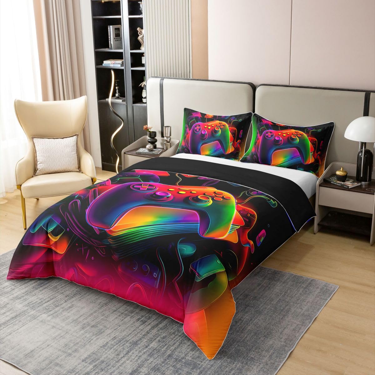 Homewish Set di biancheria da letto matrimoniale con copripiumino in cotone con console di gioco, moderno, stile astratto, vintage