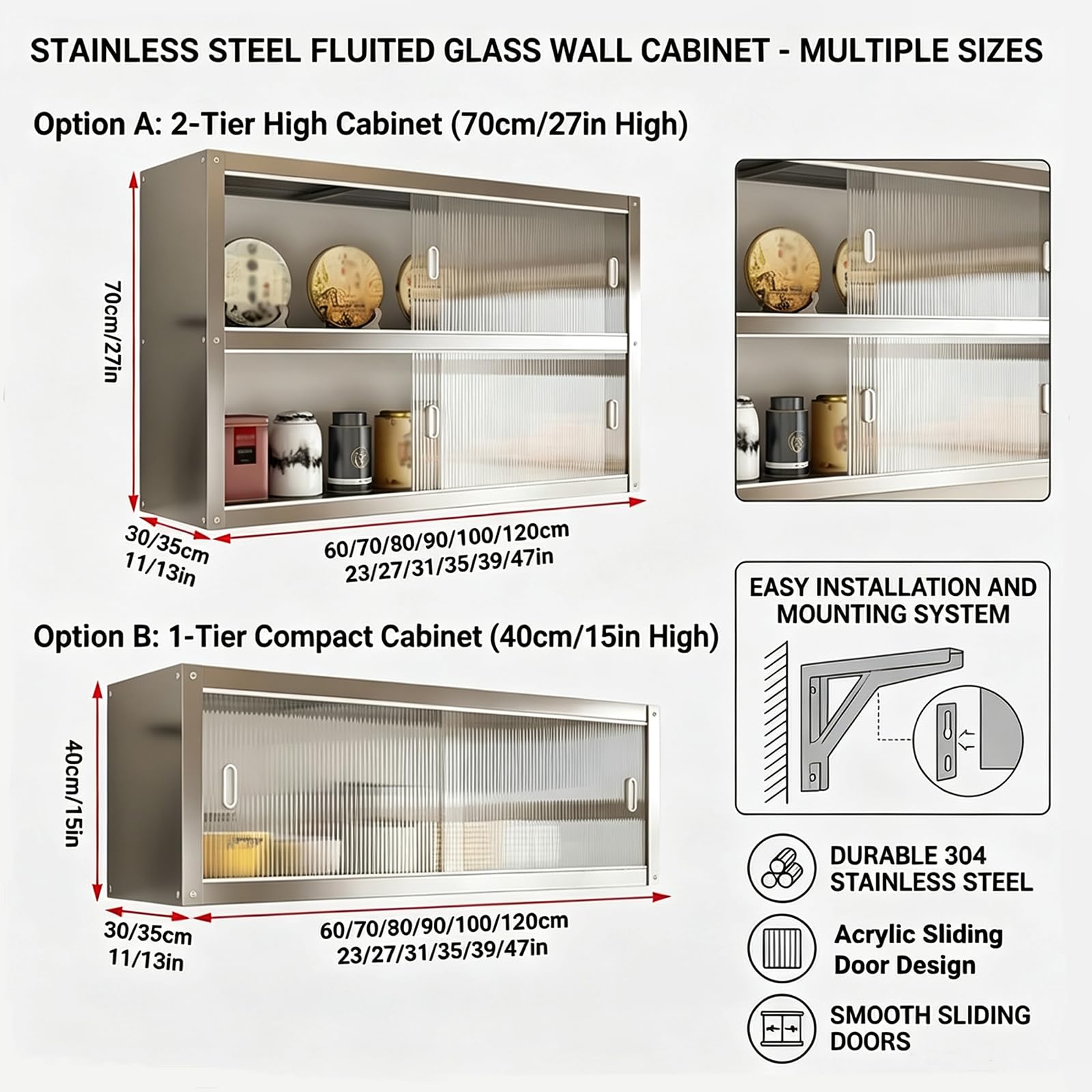 Armario De Cocina Armario Pared Acero Inoxidable con Puertas correderas (Unidad Mural suspendida) Transparentes Dos Opciones De Instalación Soporta hasta 25 Kg por Estante,70 * 30 * 40cm