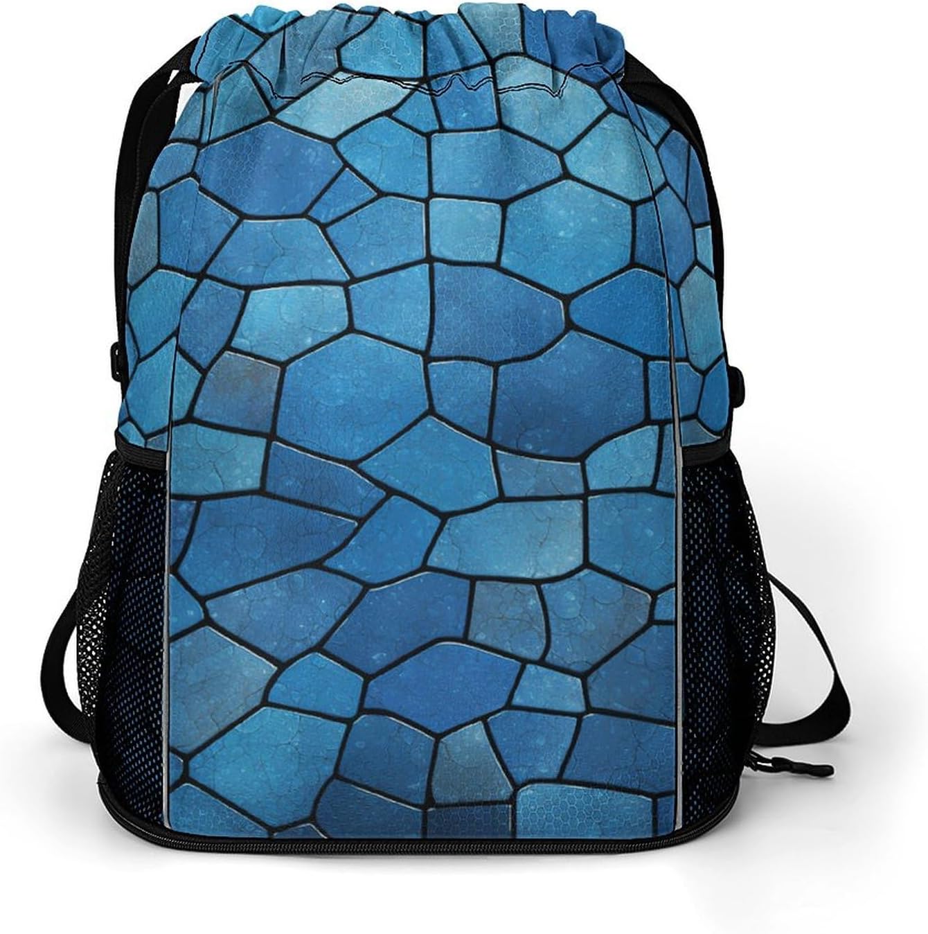Small Gym Bag Blue Tile Pattern Printed Drawstring Gym Bag for Men Lightweight Waterproof Drawstring Backpack for Women with Shoe Compartment for Travel Tourism Work And Fitness