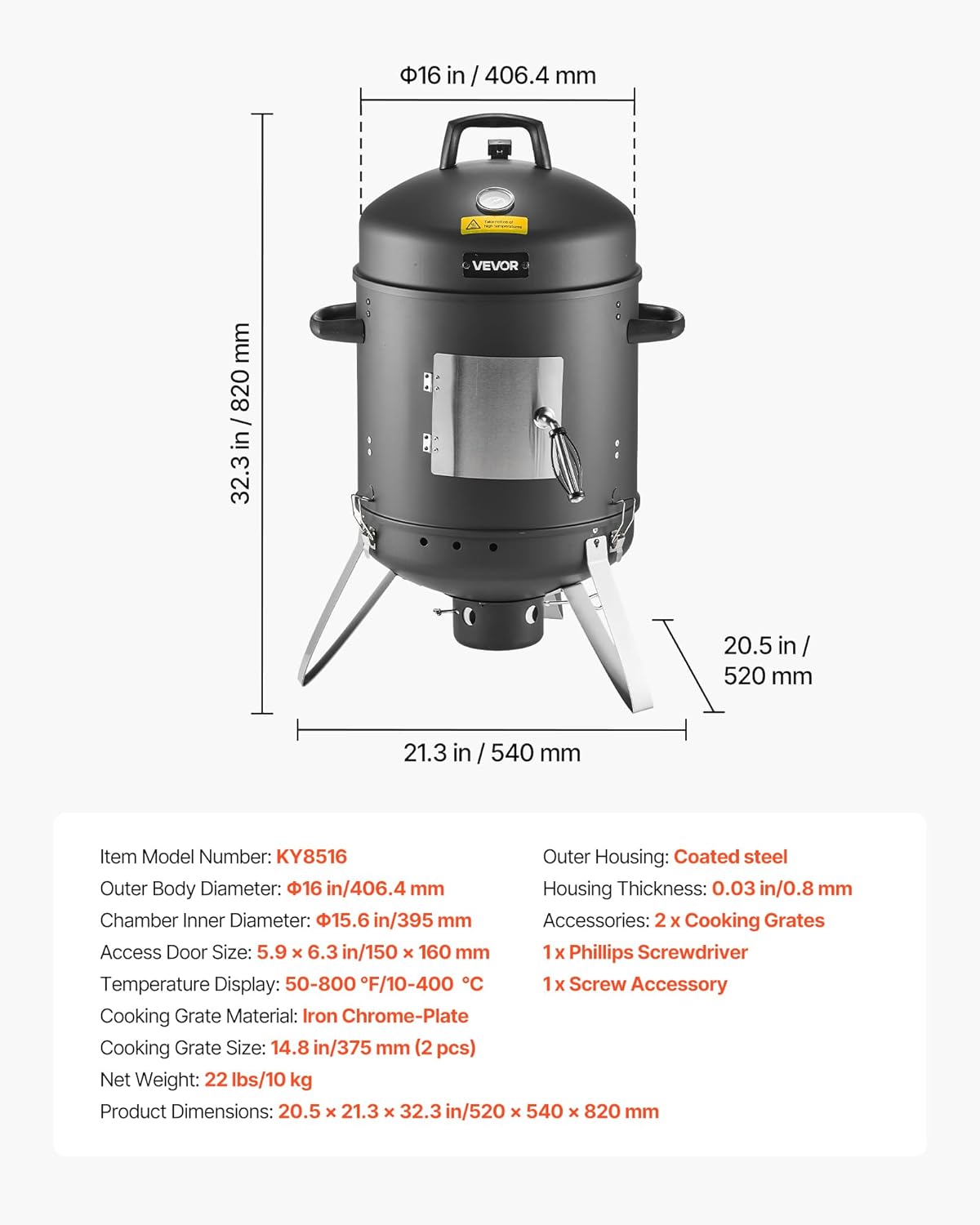 VEVOR Charcoal Smoker, 16" Vertical Charcoal BBQ Grill, Coated Steel Barbecue Smoker with 2 Grilling Grates, Thermometer, Air Vents & Removable Ash Tray, Ideal for Backyard Patio Parties Cooking