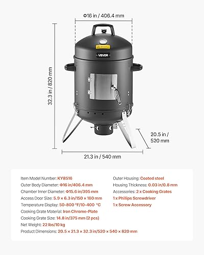 Miniatura 7 de VEVOR Ahumador de carbón, parrilla vertical de carbón de 16 pulgadas, ahumador de barbacoa de acero recubierto con 2 rejillas de parrilla,
