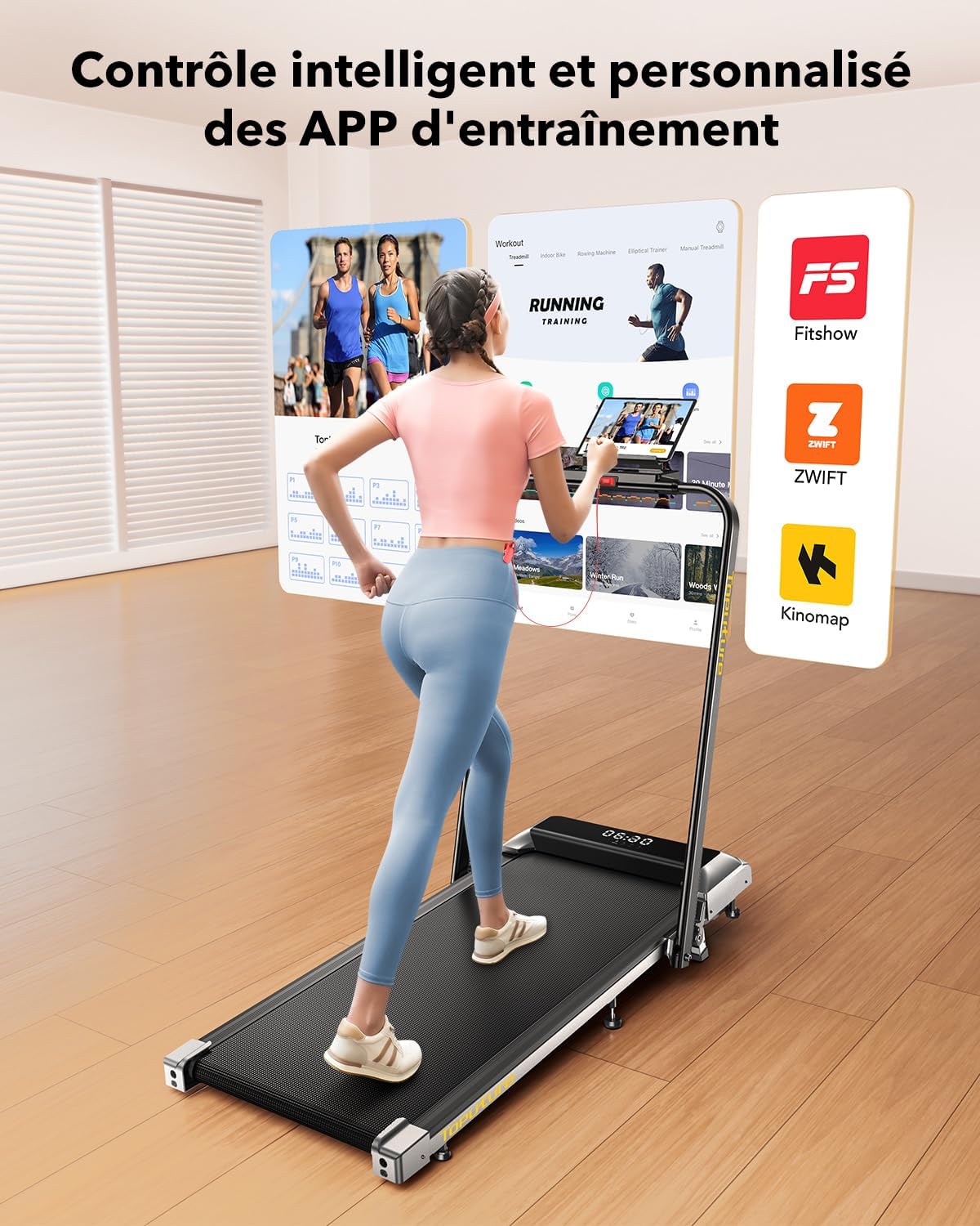 Woman using treadmill with app control