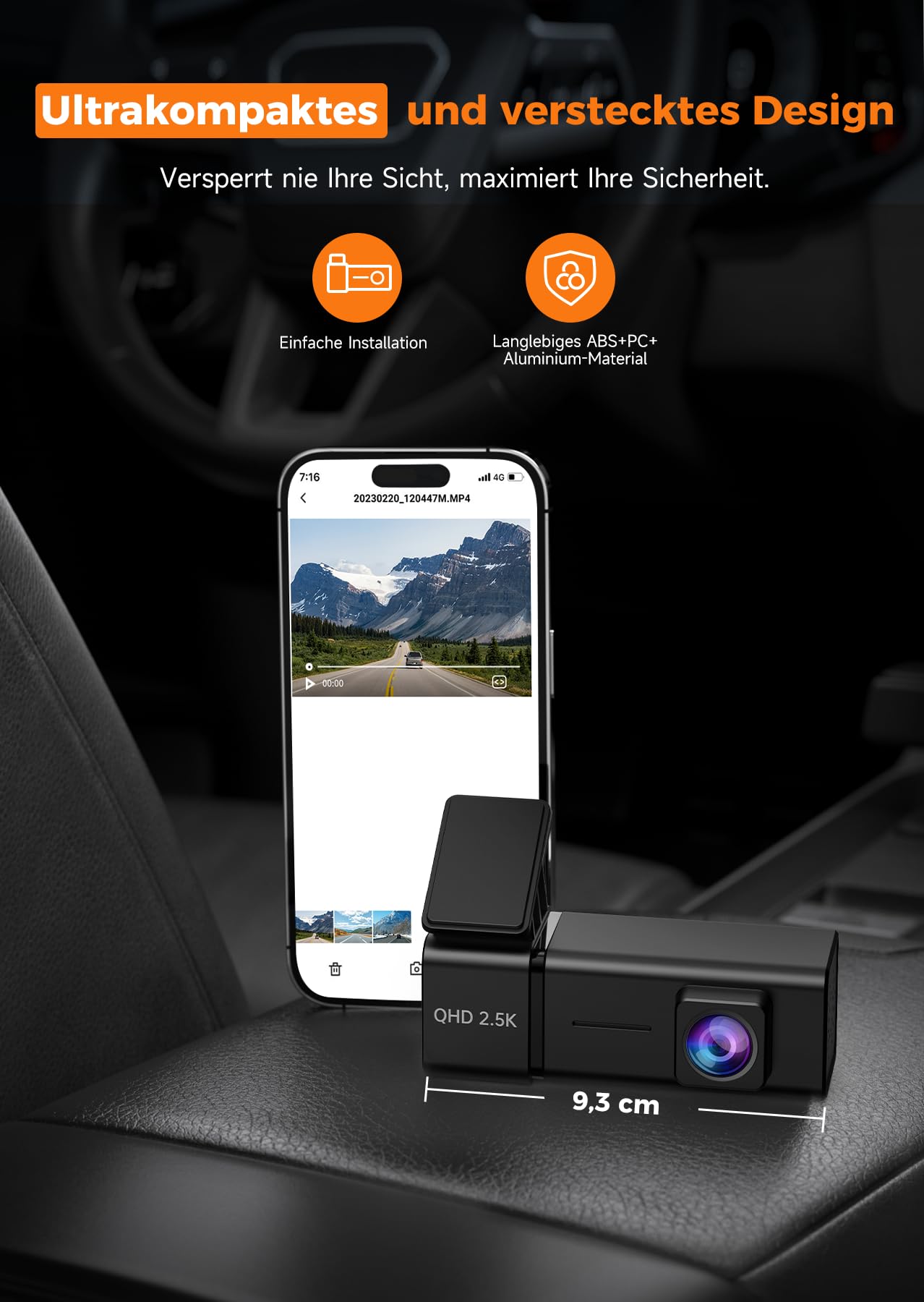 E-YEEGER 2,5K Dashcam Auto, Mini WiFi Dash Cam mit App, 1440P Front, 32GB, Nachtsicht, WDR, G-Sensor, Loop-Aufnahme, 24H Parkmodus, 1,47" IPS
