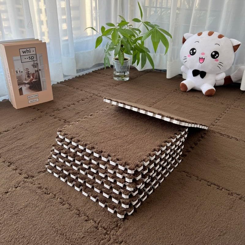 10-Pack Splicing Plush Foam Floor Mats, Soft Flannel Carpet Tiles Easy to and Assemble for Bedroom Playroom Nursery HOMEs Decor DIY Flooring(Dark Brown)
