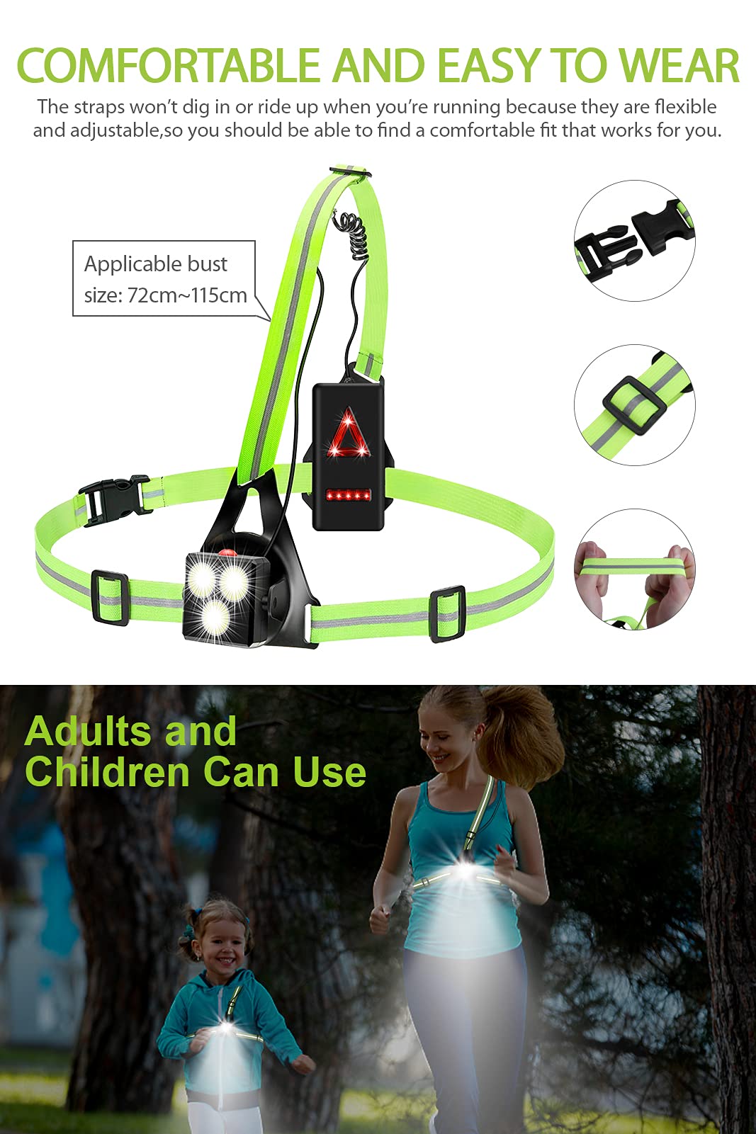 DAWINSIE Luce Corsa Ricaricabile USB, 3 Modi Impermeabile Sport All'Aria Aperta, Lampada Con 360° Nastro Riflettente per Jogging, Campeggio (Verde)