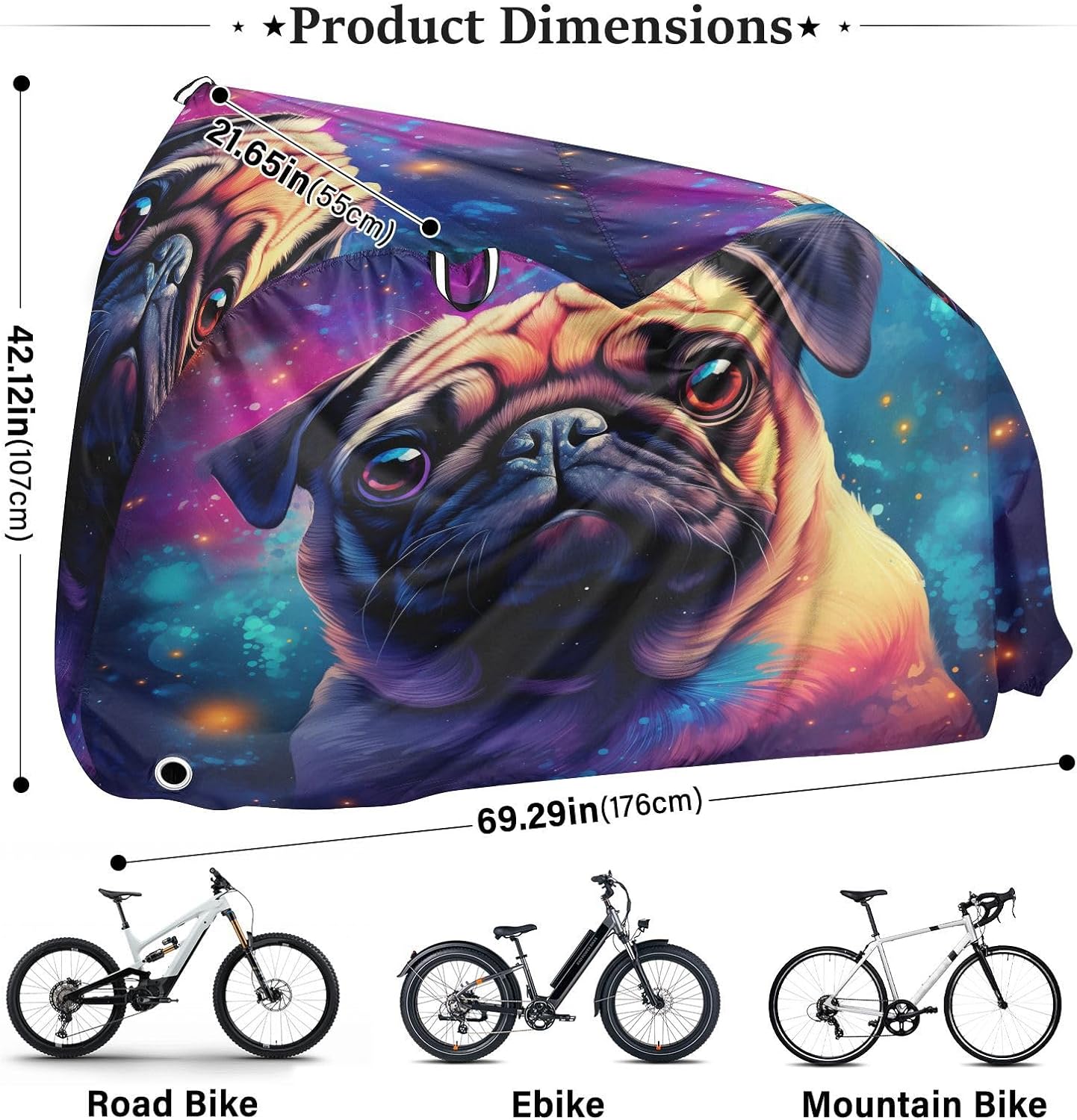 ALAZA Cute Pug Dog Galaxy Bike Cover Waterproof Outdoor Ebike Bicycle Covers Tarp Protection for 1/2 Bikes, Sun UV Dust Wind Proof