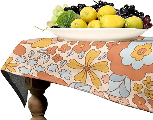 Miniatura 1280 de Mantel floral hippie, diseño retro de los años 70, naranja, rosa, azul, floral, bohemio, estampado estético de margaritas, para fiesta, picnic