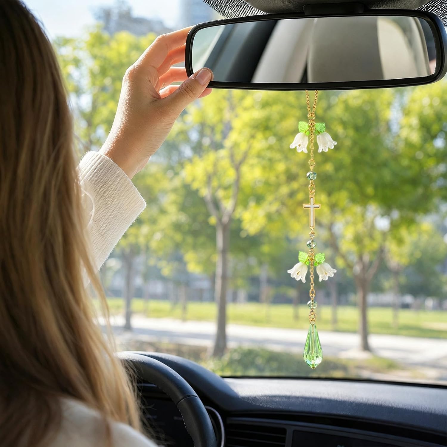 Green Flower Cross Car Rearview Mirror Charm Lily of Valley image 2