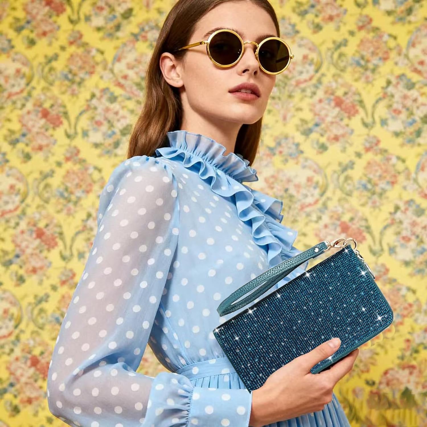 Women's Rhinestone Large Capacity Double Zipper Wristlet Clutch Purse Party Wallet Card Phone Holder - Image 2