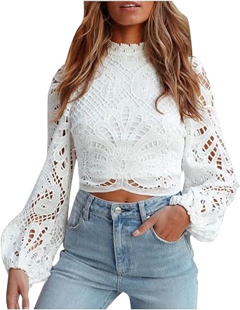 Womens Lace Mock Neck Crop Top Long Sleeve Crochet Hollow Out Vintage Victorian Blouse Elegant Patchwork T Shirt