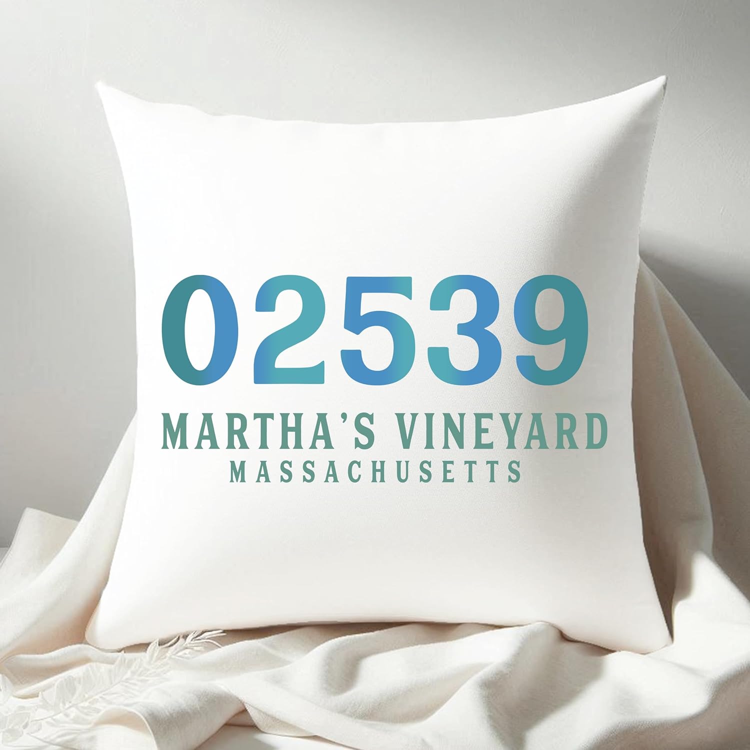 WESTBROOK DESIGN STUDIO Coastal Zip Code Throw Pillow Cover. 20x20 Square Personalized Pillow Case for Couch, Bed. Blue, Aqua, Turquoise, White.