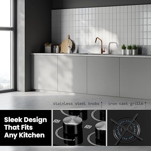 Miniatura 6 de ABBA - Placa de cocina de gas de 36 pulgadas con 5 quemadores sellados, rejilla en forma de X, superficie de vidrio templado con quemadores SABAF,