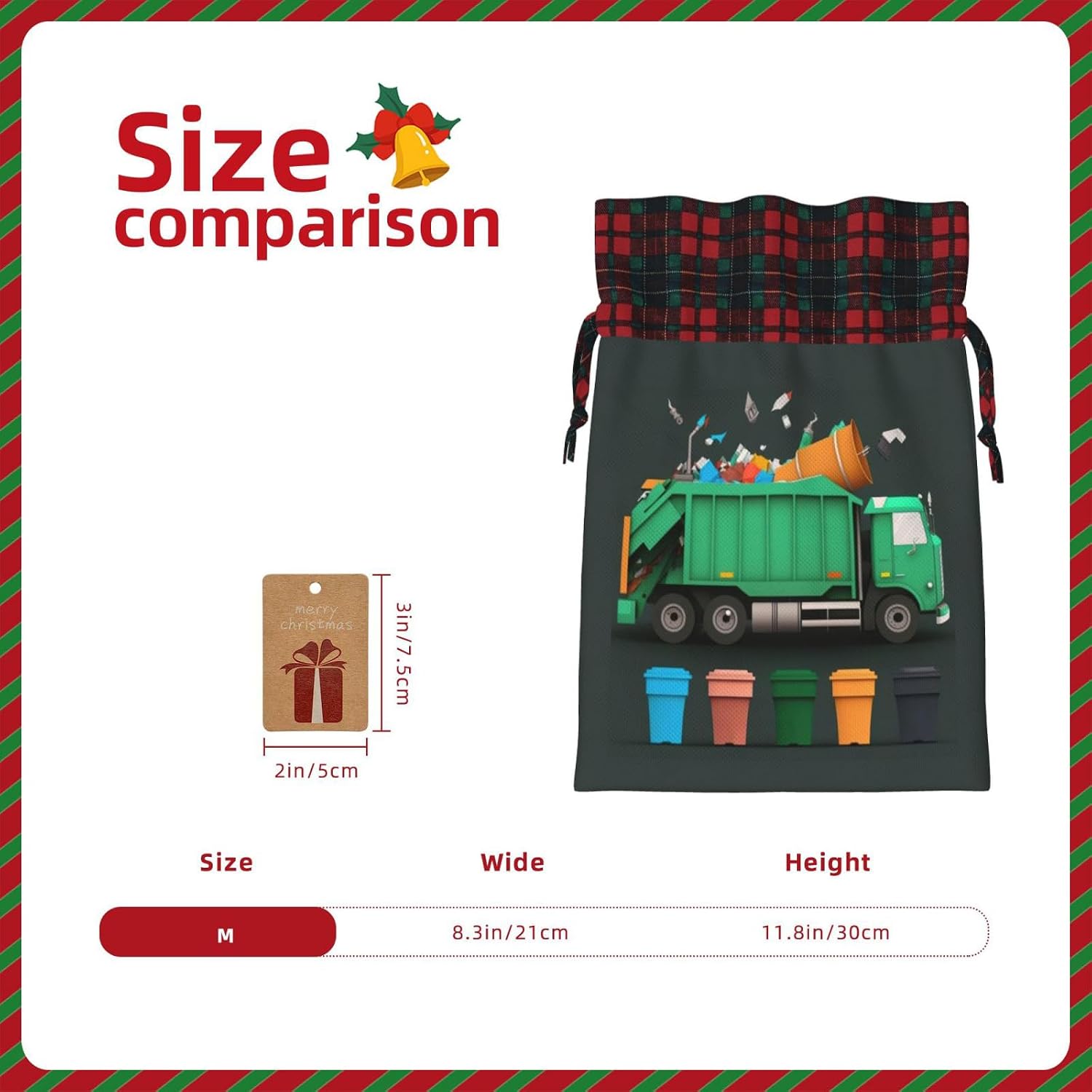 PVTIONXIE Garbage Truck Garbage Classification Christmas Gift Bags with Drawstring, Reusable Gift Wrapping Bags For Xmas Holiday image 2