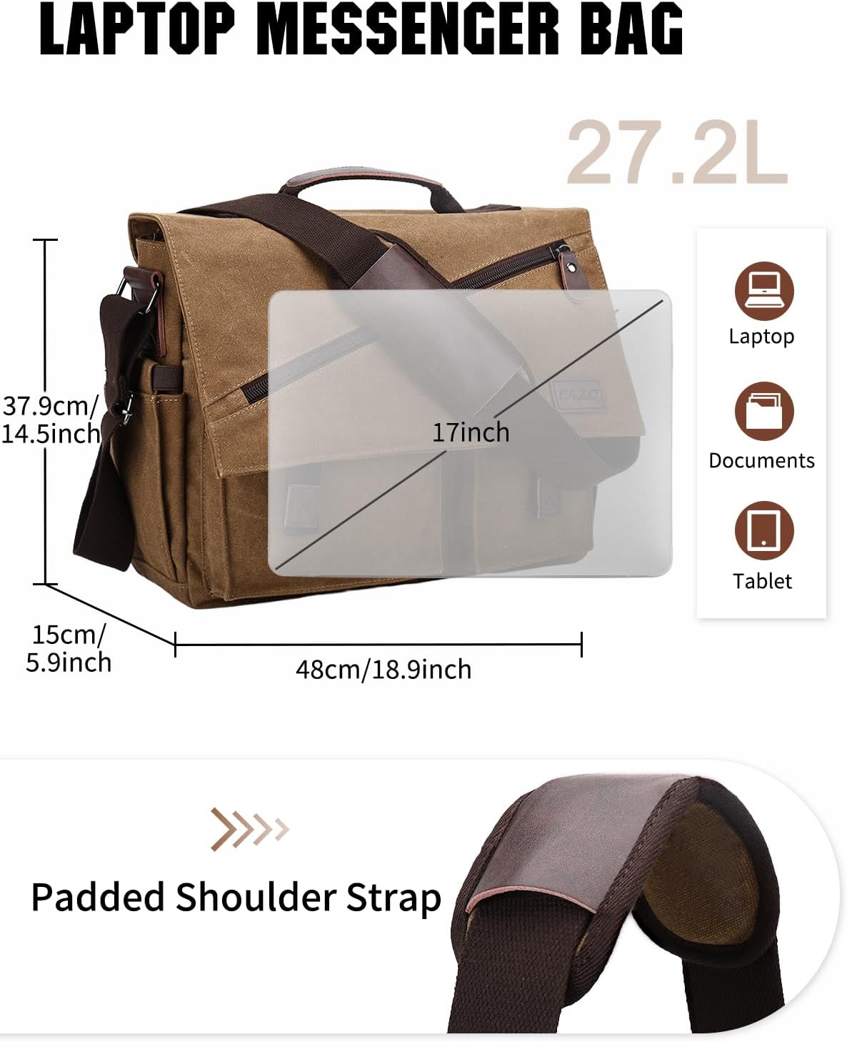 Messenger Bag for Men,Water Resistant Canvas Satchel 14 15.6 17 Inch Laptop Briefcases Business Shoulder Bag by RAVUO - Image 3