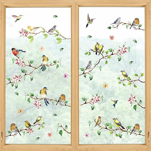 Horaldaily 60 calcomanías para ventana de primavera y verano, ramas de pájaros para suministros de fiesta en casa, tienda, ventana, decoración de