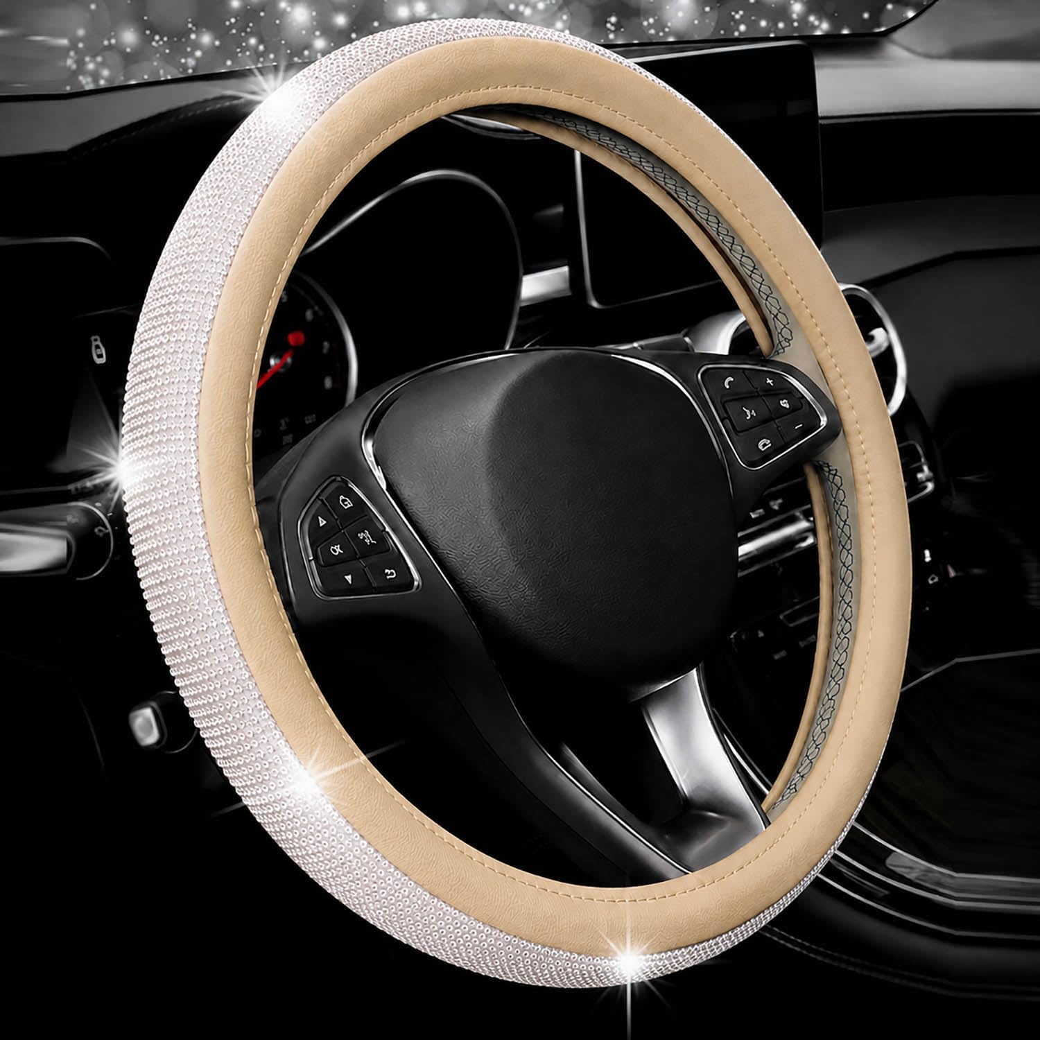 Bling Rhinestone Car Steering Wheel Cover for Women,PU Leather Crystal Diamonds Crown Steering Wheel Covers Non-Slip Universal 15"/38 cm (Black)
