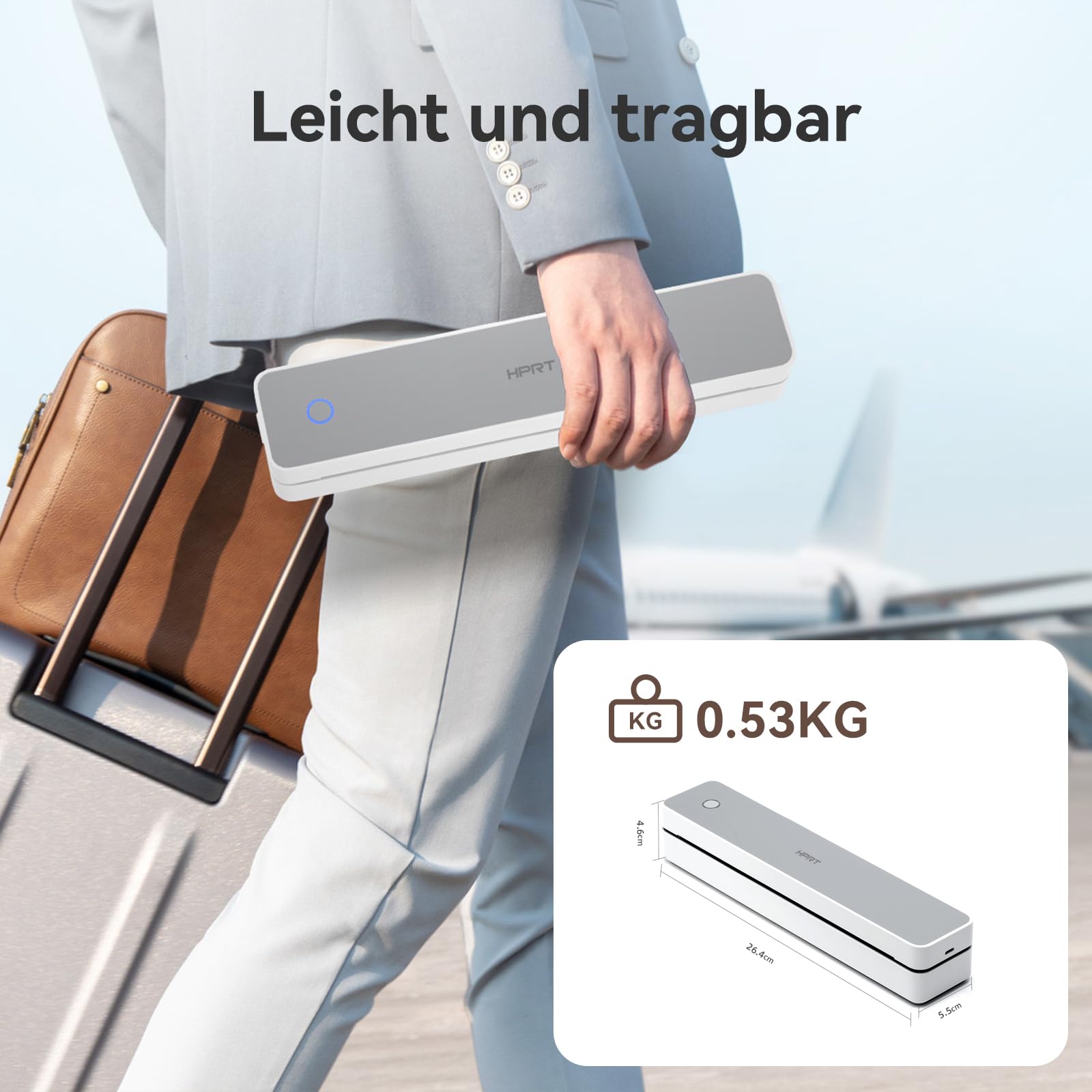 HPRT impresora portátil inalámbrica para viajes, apoya papel A4 | Impresora térmica Bluetooth compatible con iOS, Android y portátil, móvil sin tinta, para oficina, escuela, blanco/gris